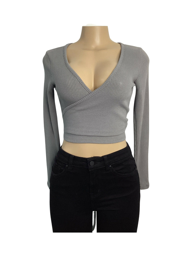 Ribbed Surplus Tie Long Sleeve Top - Closet Space