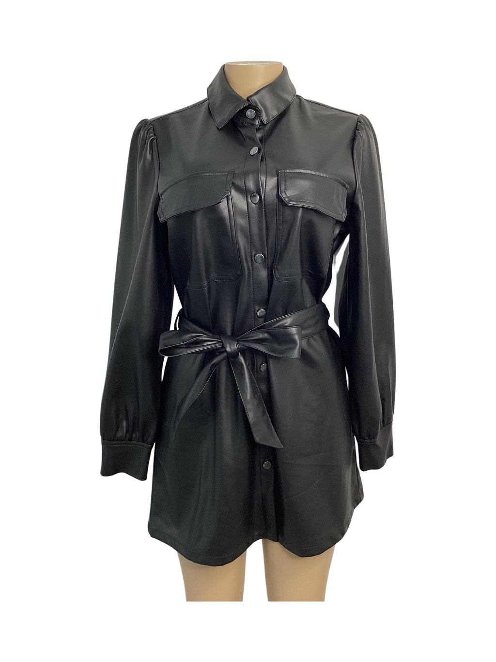 Faux Leather Button Front Tunic Shirt Dress - Closet Space