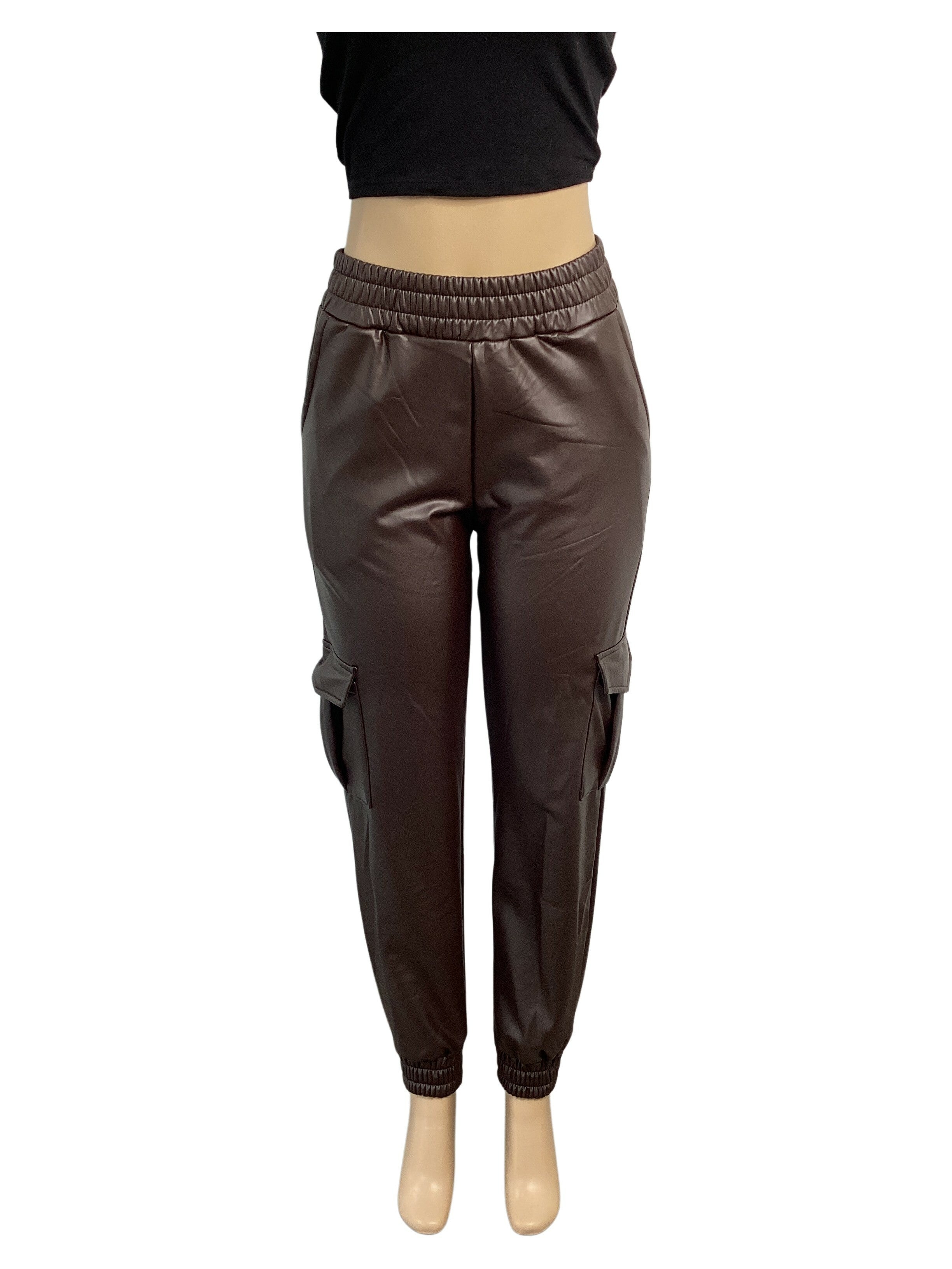 Faux Leather Elastic Waist Cargo Jogger - Closet Space