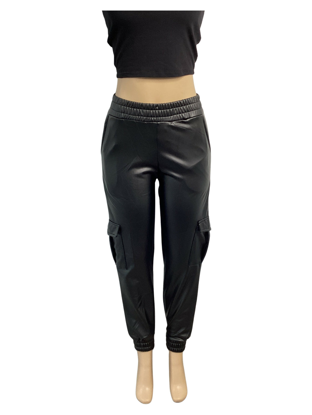 Faux Leather Elastic Waist Cargo Jogger - Closet Space