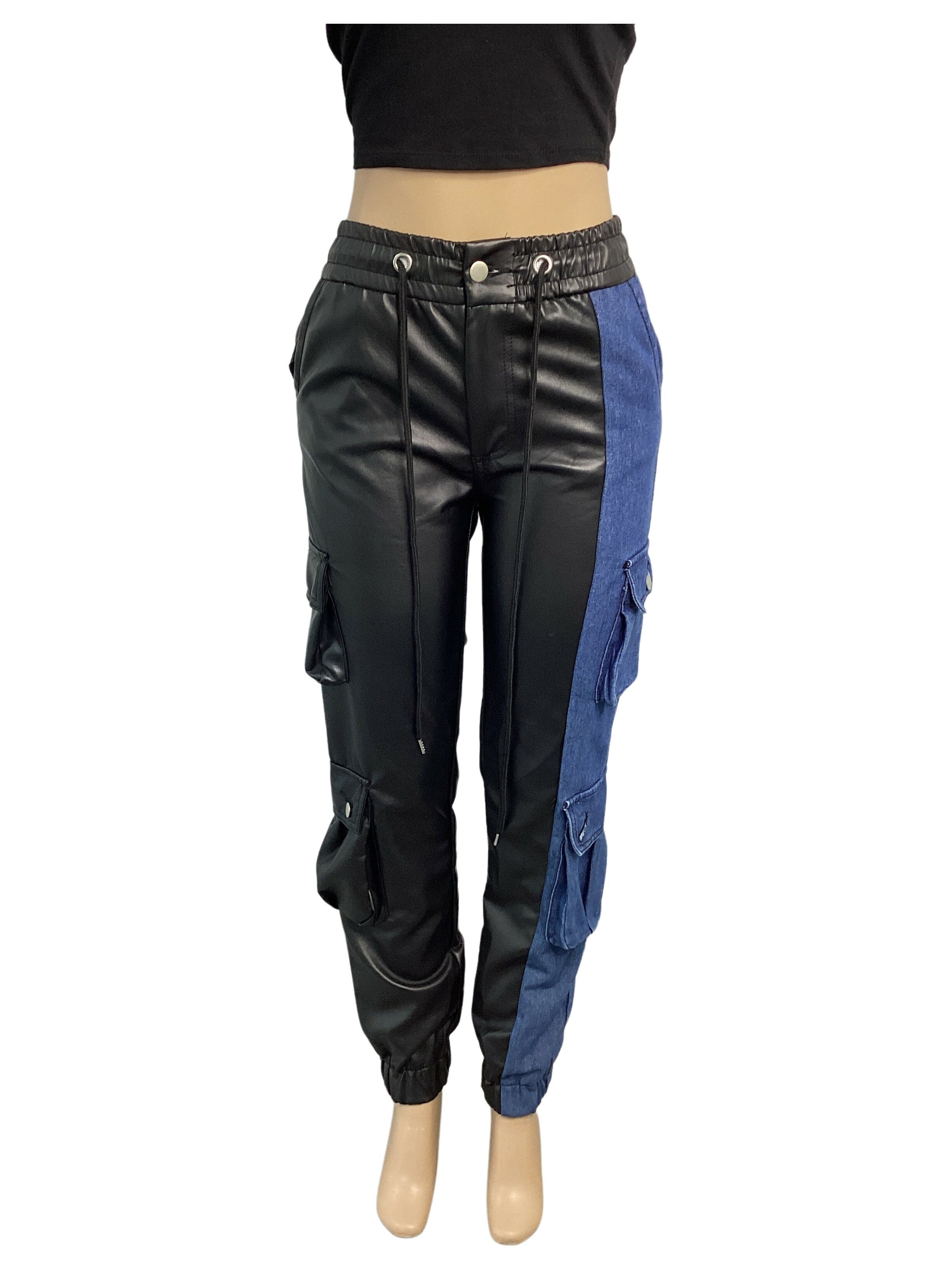 Elastic Waist Leather Denim Split Cargo Jogger Pant - Closet Space