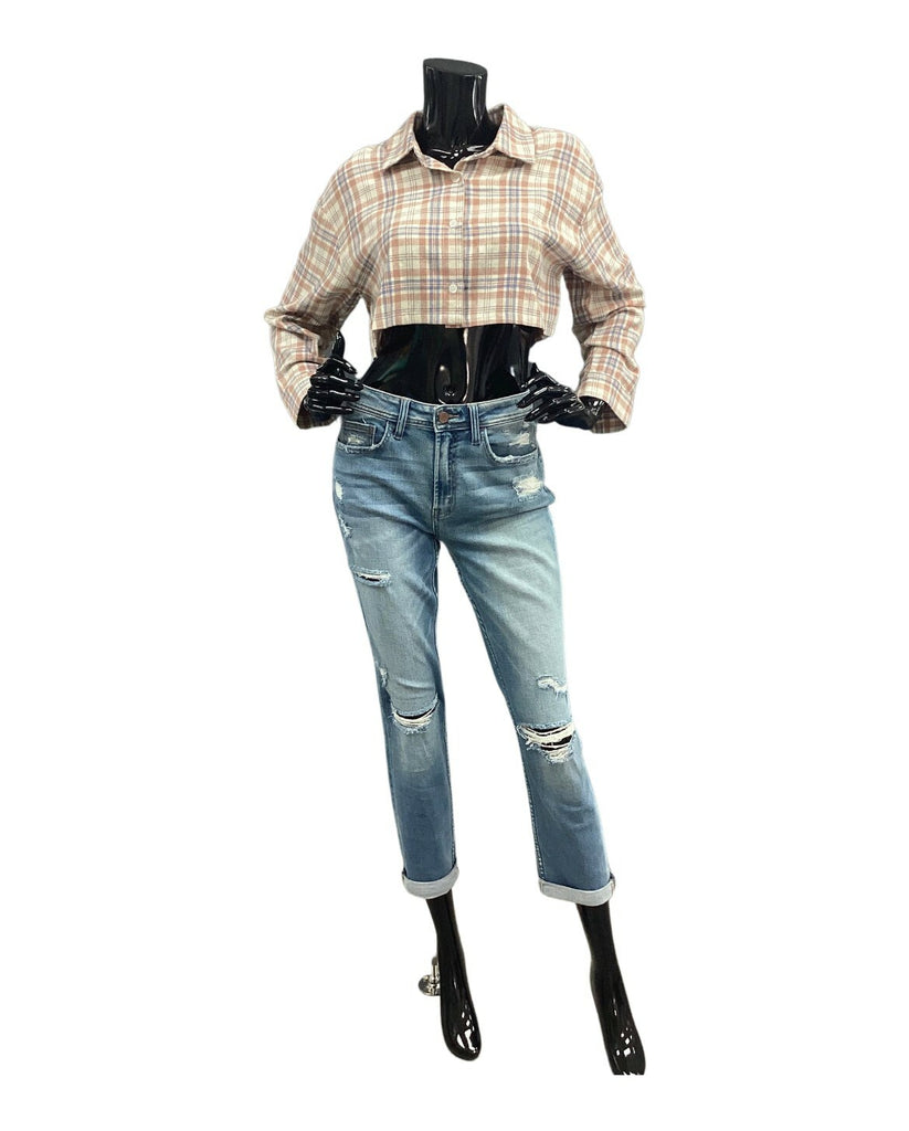 Plaid Crop Long Sleeve Boxy Button Down Shirt - Closet Space