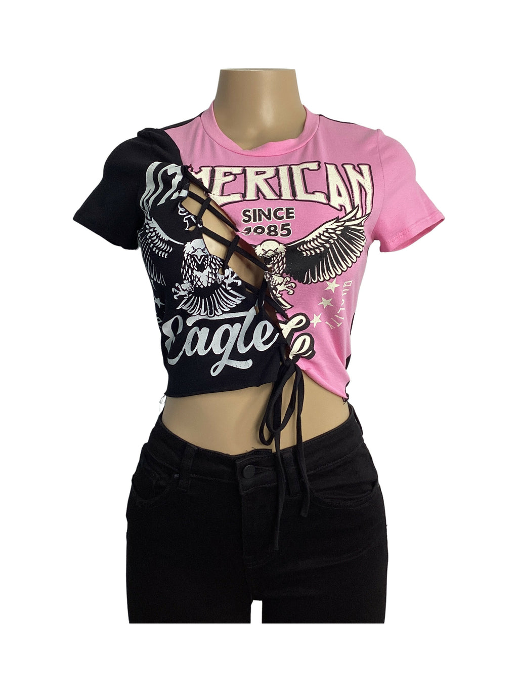 Color Block Open Front Cross Tie Screen Print Top - Closet Space