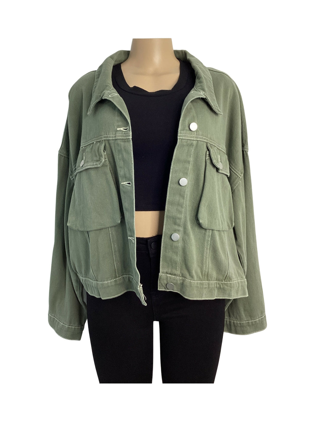 Canvas Front Pocket Button Closure Jacket - Closet Space