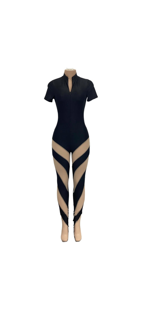 Mesh Color Block Footed Jumpsuit - Closet Space