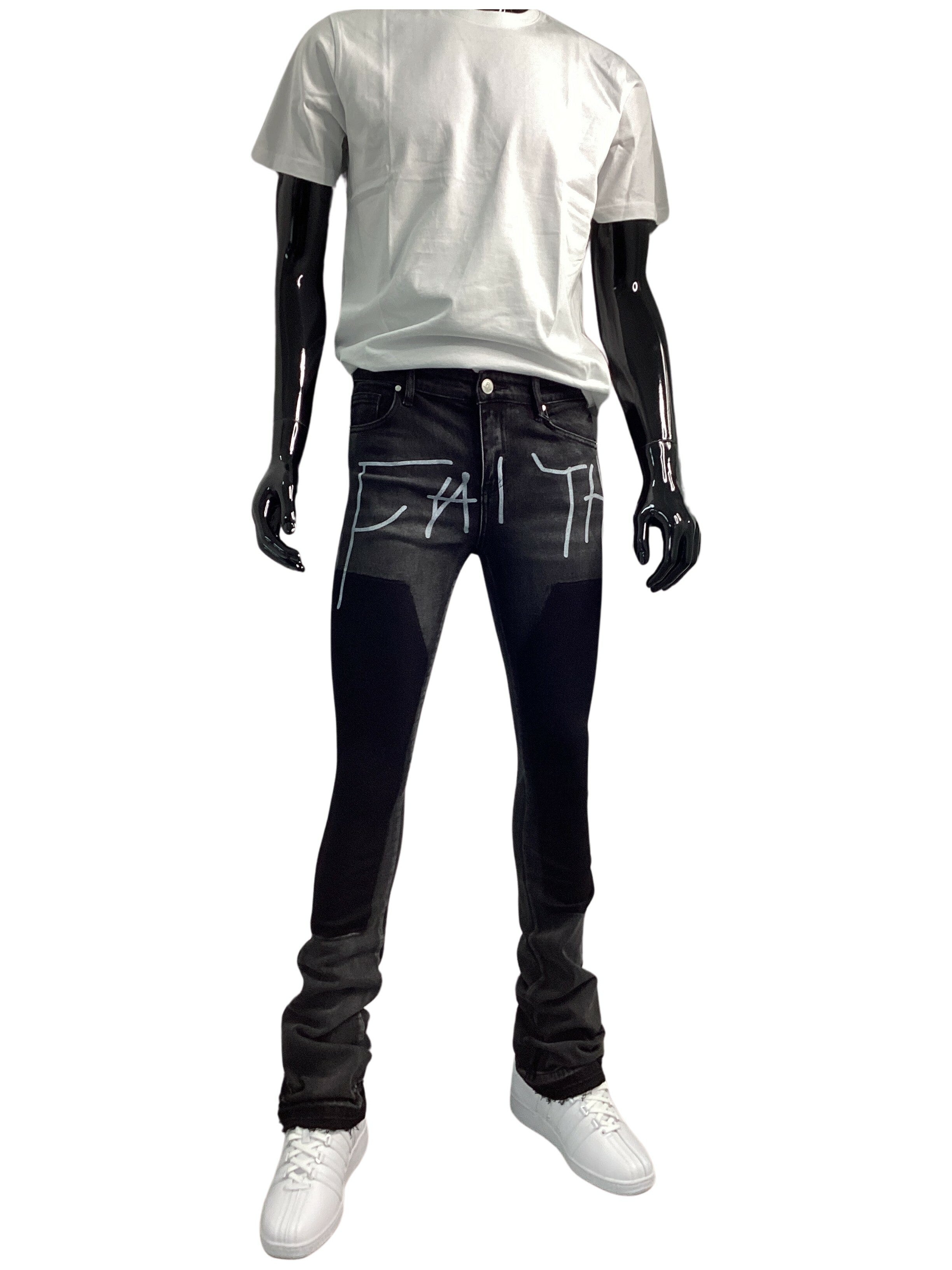 PURE REIGN Faith Script Wash Contrast Stacked Jeans - Closet Space