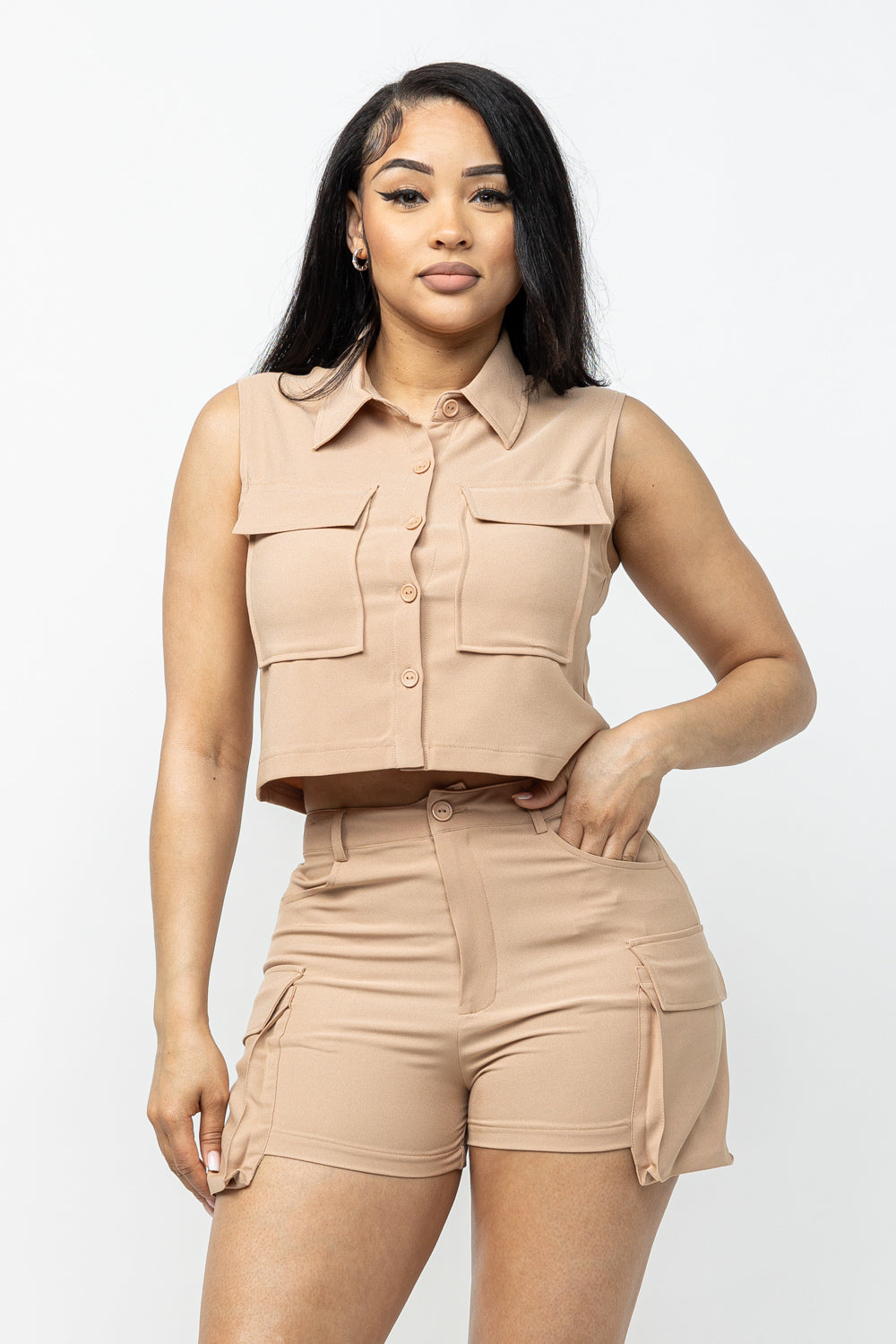 Front Button Down Two Pocket Top And Short Set