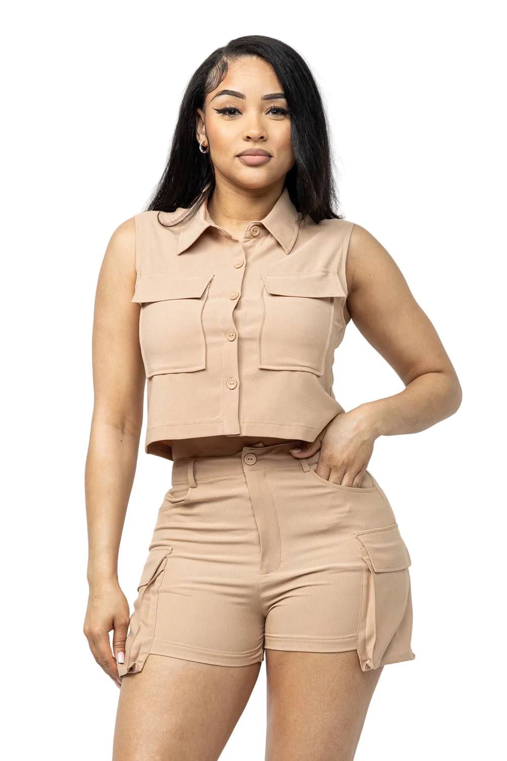 Front Button Down Two Pocket Top And Short Set