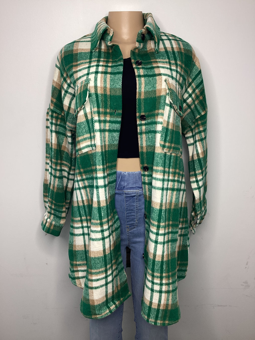 Plaid Flap Pocket Long Sleeve Shacket - Closet Space