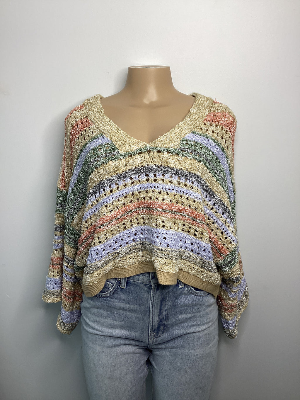 Stripe V Neck Wide Sleeve Sweater - Closet Space