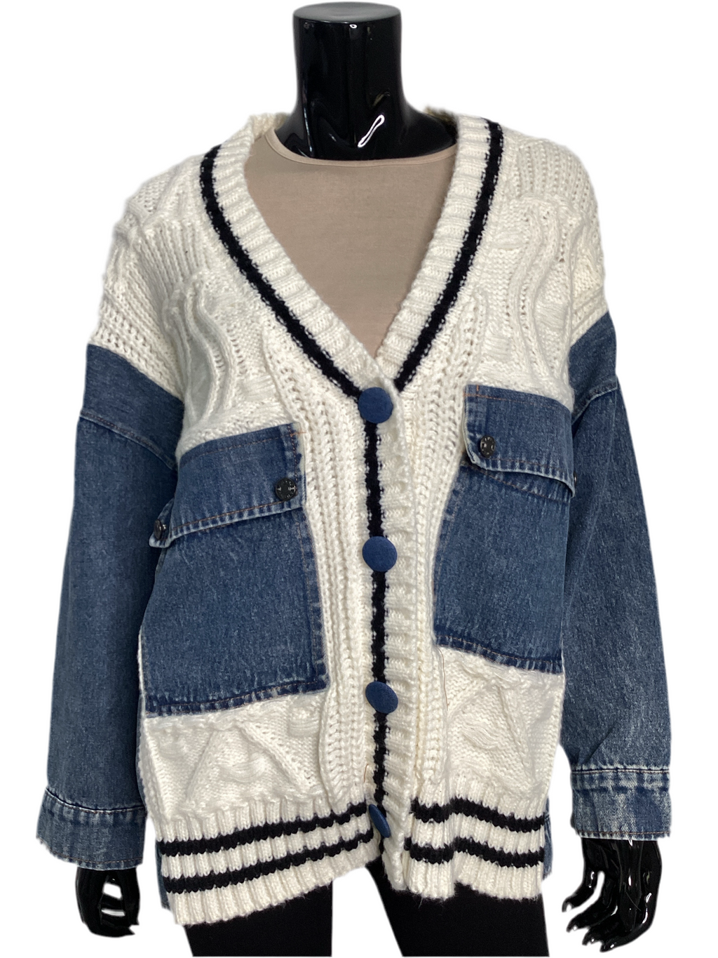 Denim Pocket 3 Button Cardigan Sweater