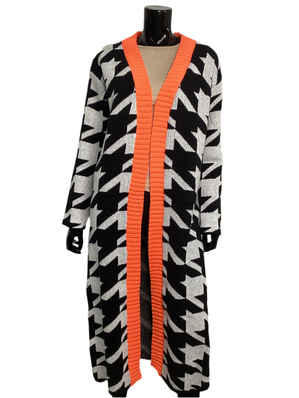 Houndstooth Open Front Long Cardigan