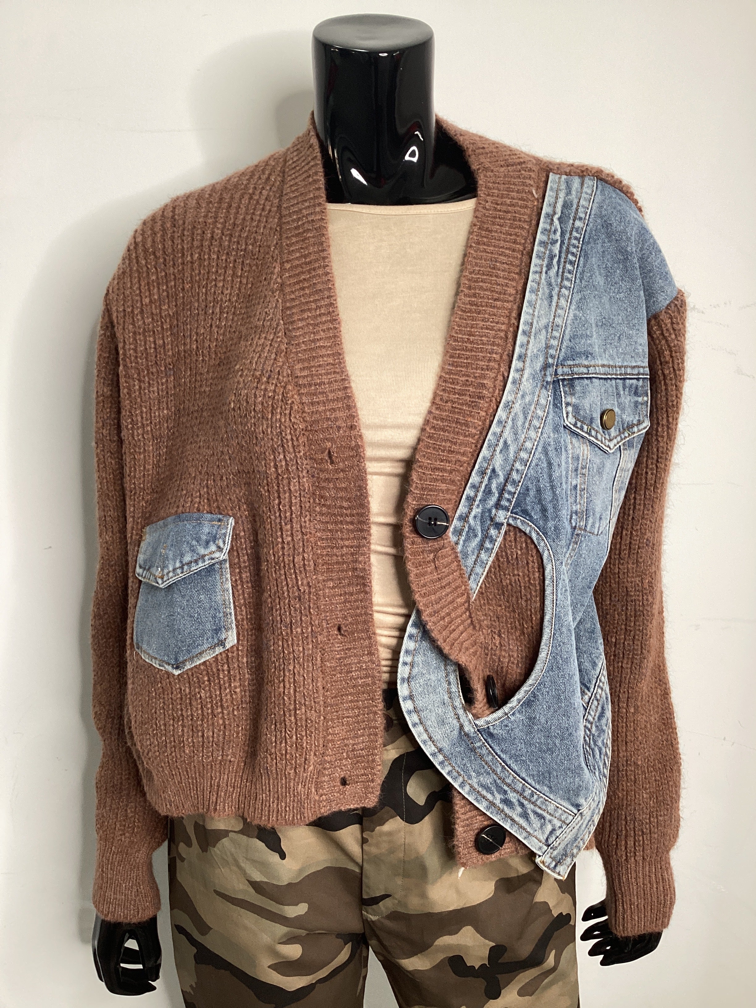 Patchwork Denim Knit V-Neck Cardigan
