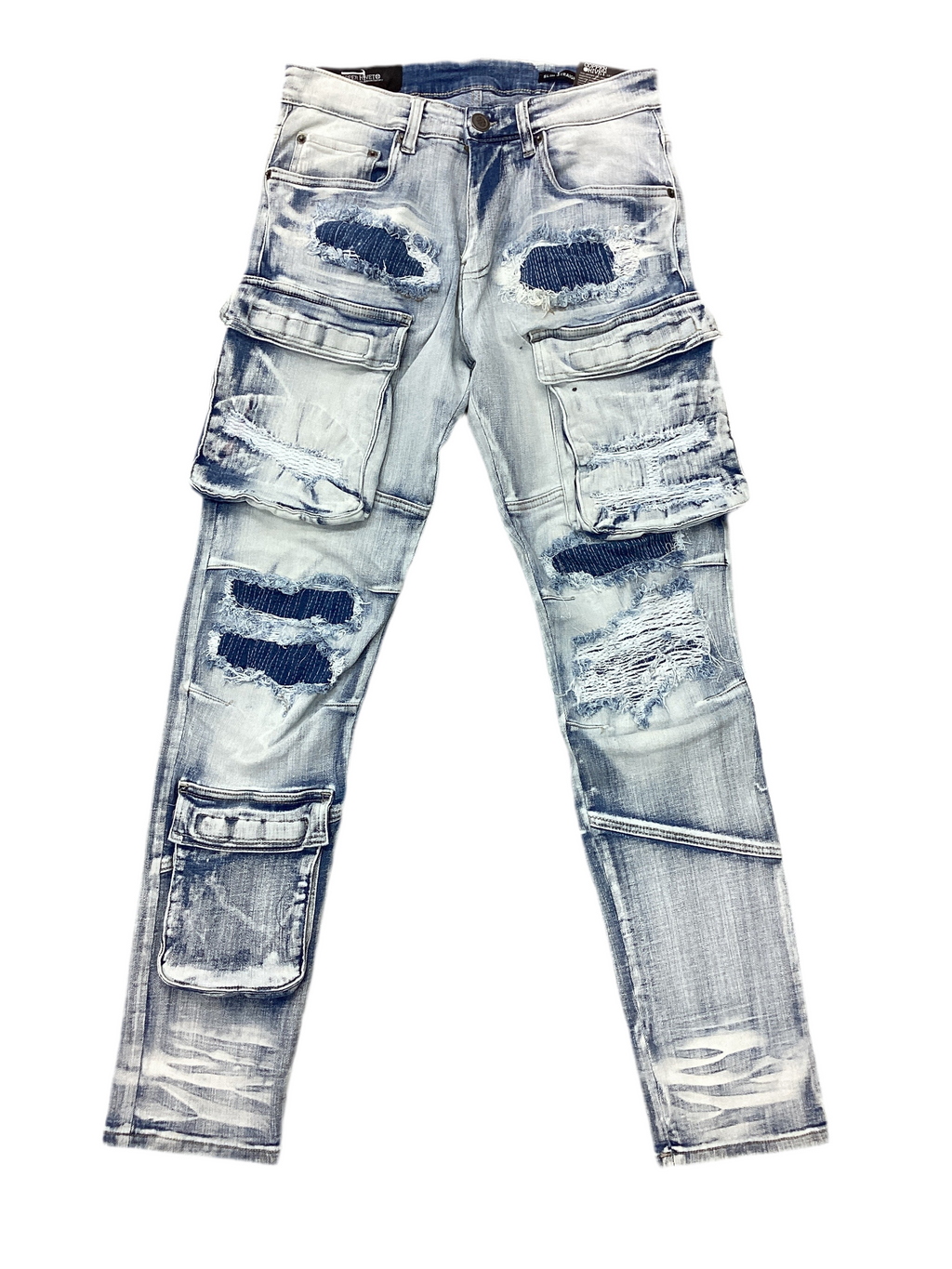 Light Wash Cargo Jeans - Distressed Ripped Patchwork Denim