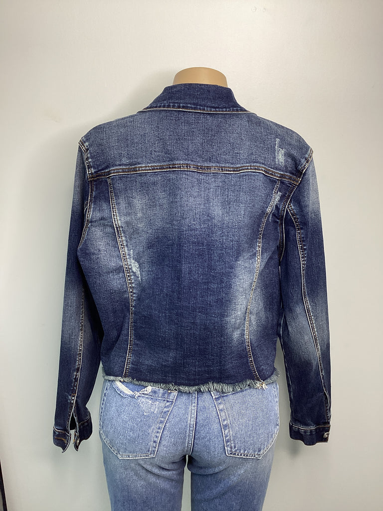 Medium Wash Frayed Hem Jean Jacket - Closet Space