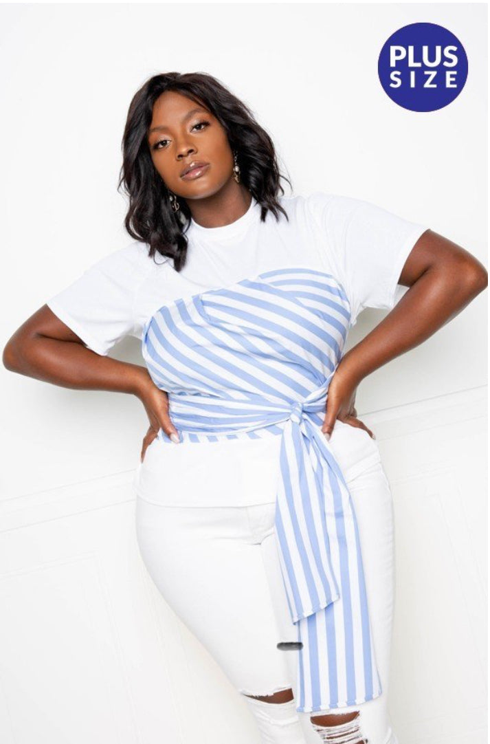 Curvy - Contrast Stripe Corset Tie Front Top