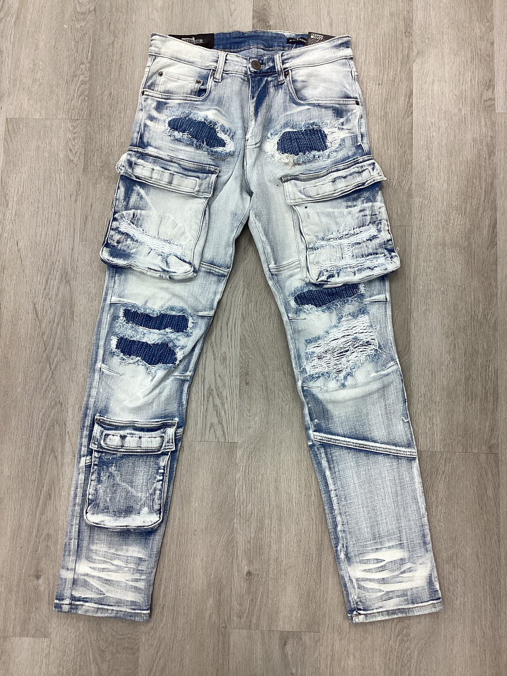 Light Wash Cargo Jeans - Distressed Ripped Patchwork Denim