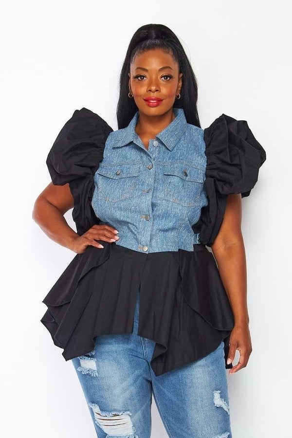 Curvy - Puff Sleeve Fitted Denim Shirt