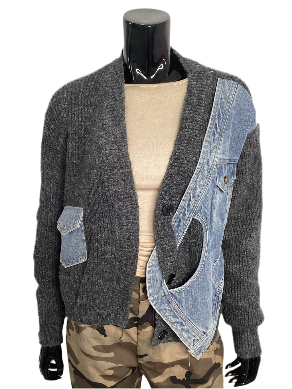 Patchwork Denim Knit V-Neck Cardigan