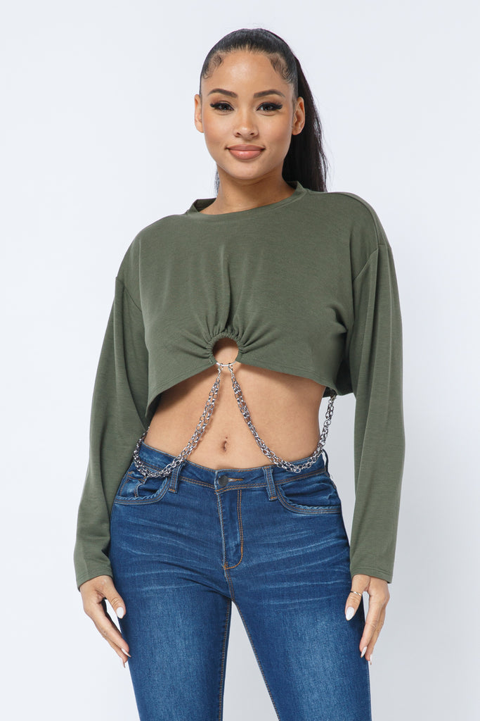 Chained O-Ring Long Sleeve Crop Top - Closet Space