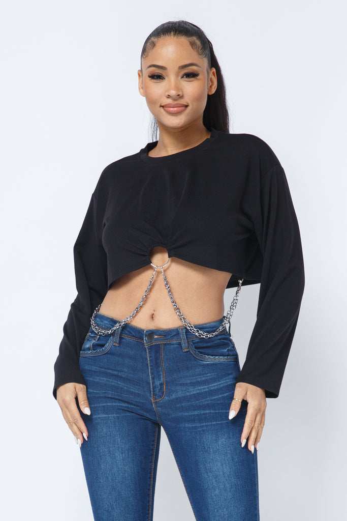Chained O-Ring Long Sleeve Crop Top - Closet Space
