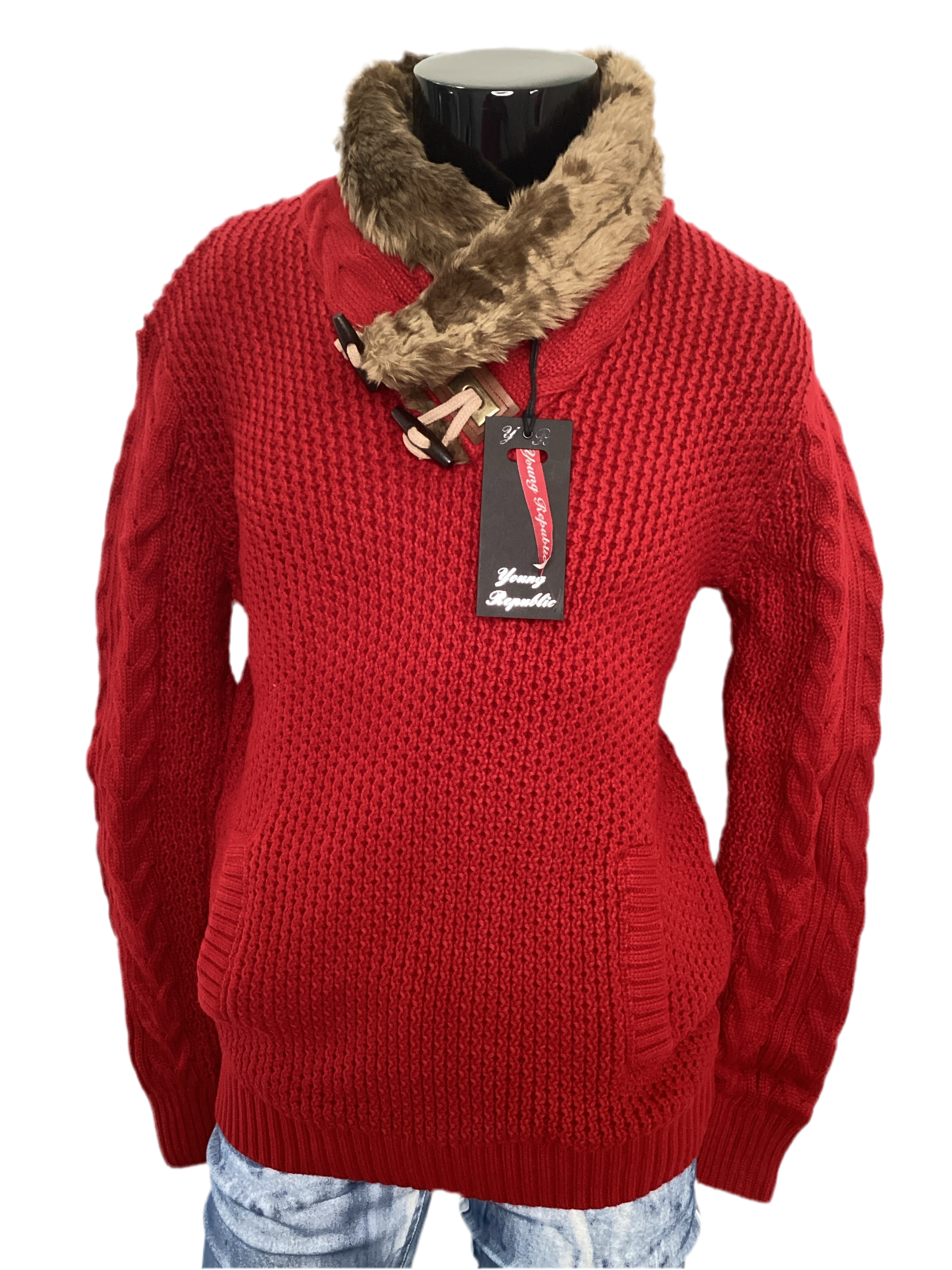 Fur-Lined Collar Double Buckle Pull Over Sweater