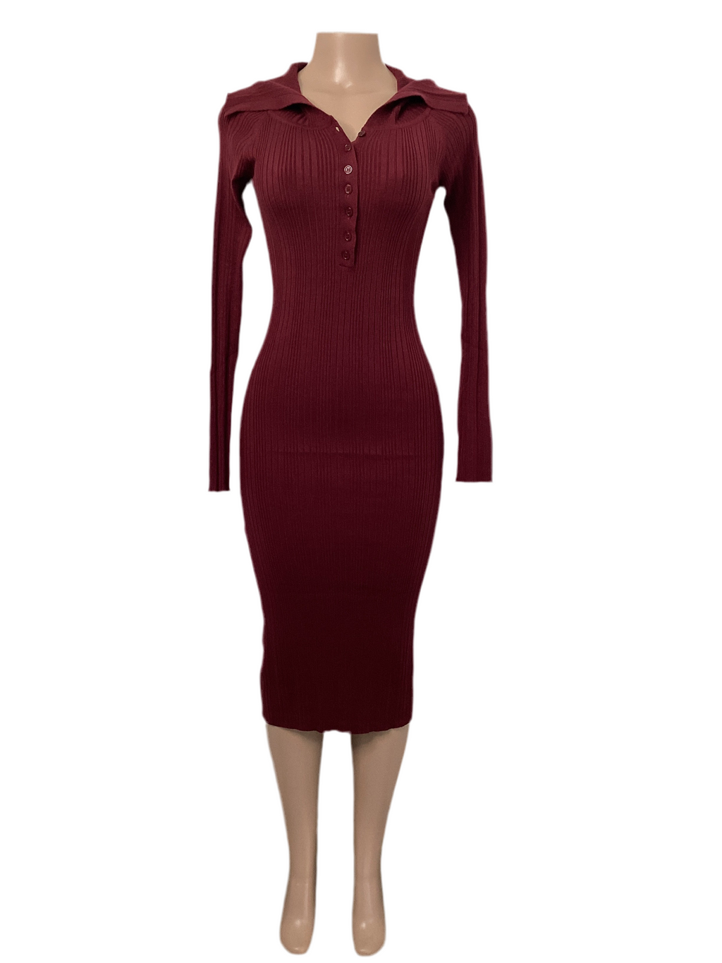 Ribbed Knit Button-Up Bodycon Midi Dress