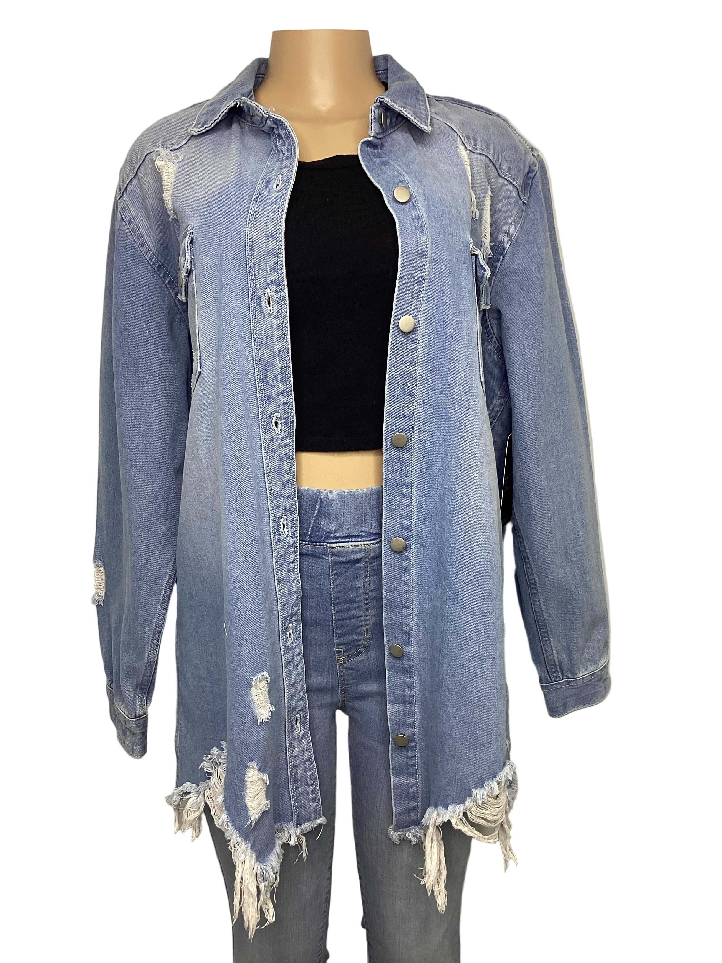 Curvy - Distressed Denim Shirt
