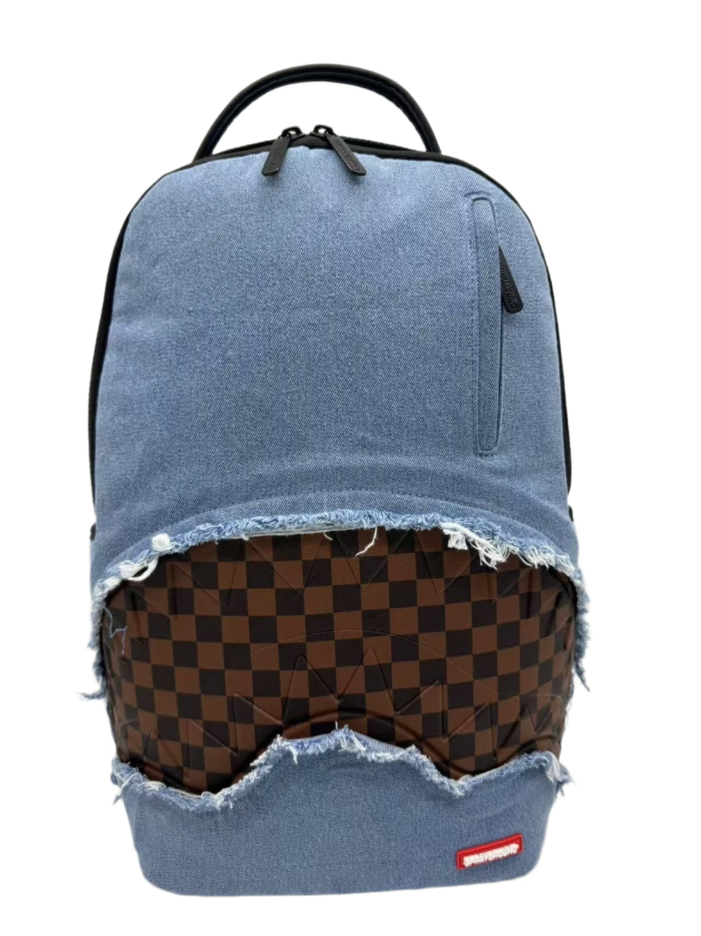 Blue denim backpack with checkered interior 