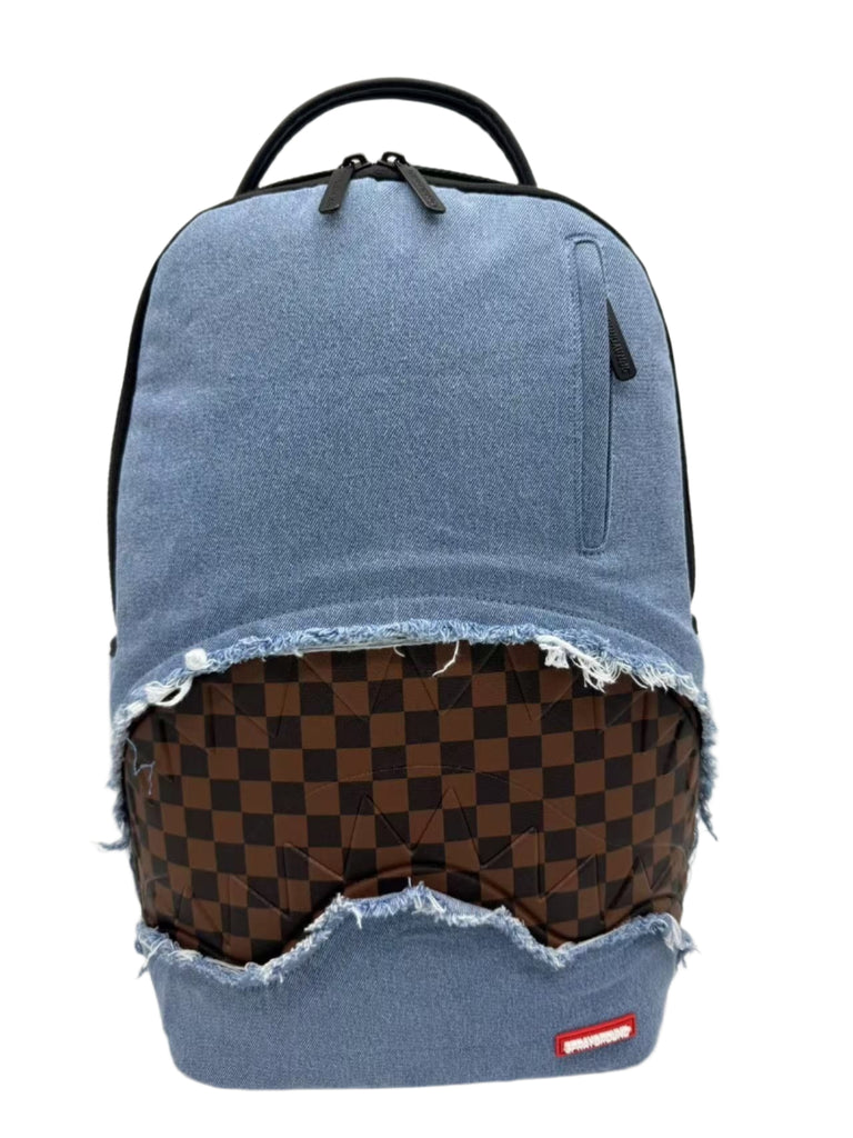 Blue denim backpack with checkered interior 