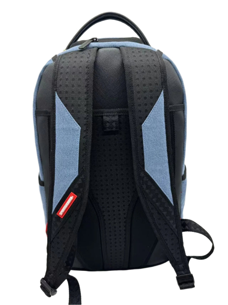 Back view of a blue and black backpack with a visible brand logo