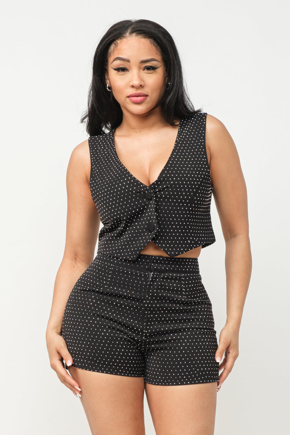 All Over Studs Front Button Down Vest And Short Set