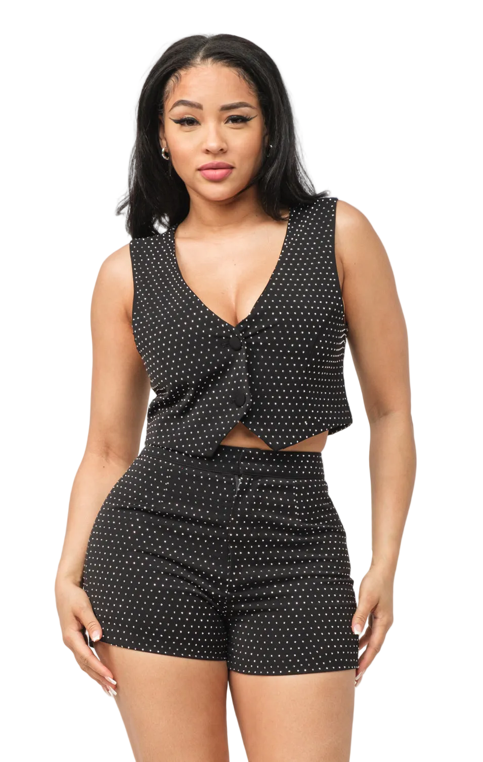All Over Studs Front Button Down Vest And Short Set
