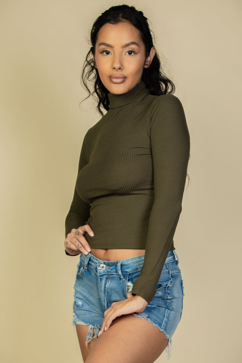 Ribbed Turtleneck Long Sleeve Top