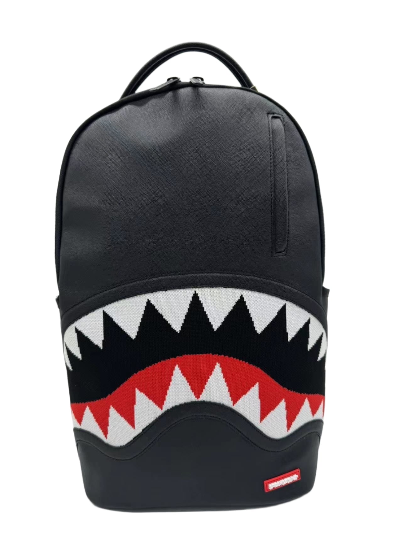 Black backpack with shark mouth design 