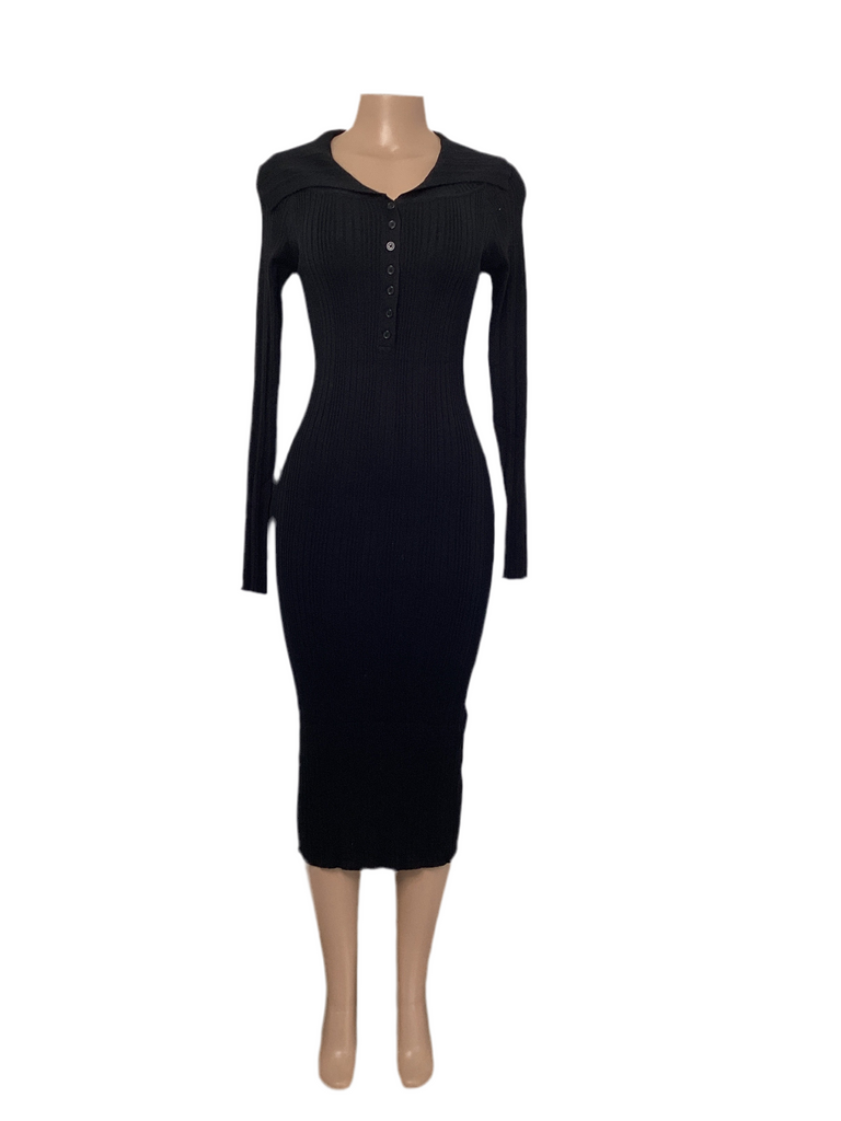 Long sleeve ribbed knit midi dress with button-up neckline and body-hugging fit 