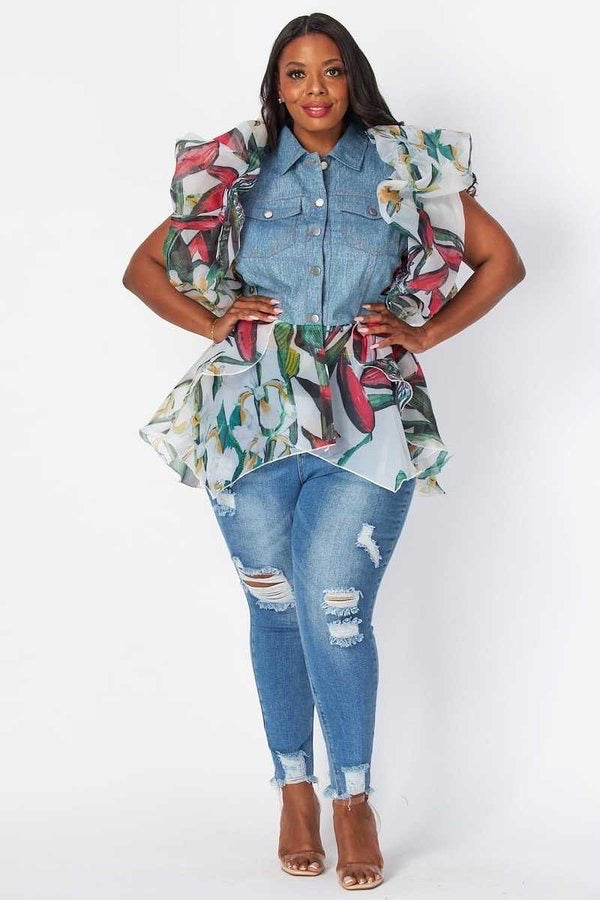 Curvy - Puff Sleeve Fitted Denim Shirt