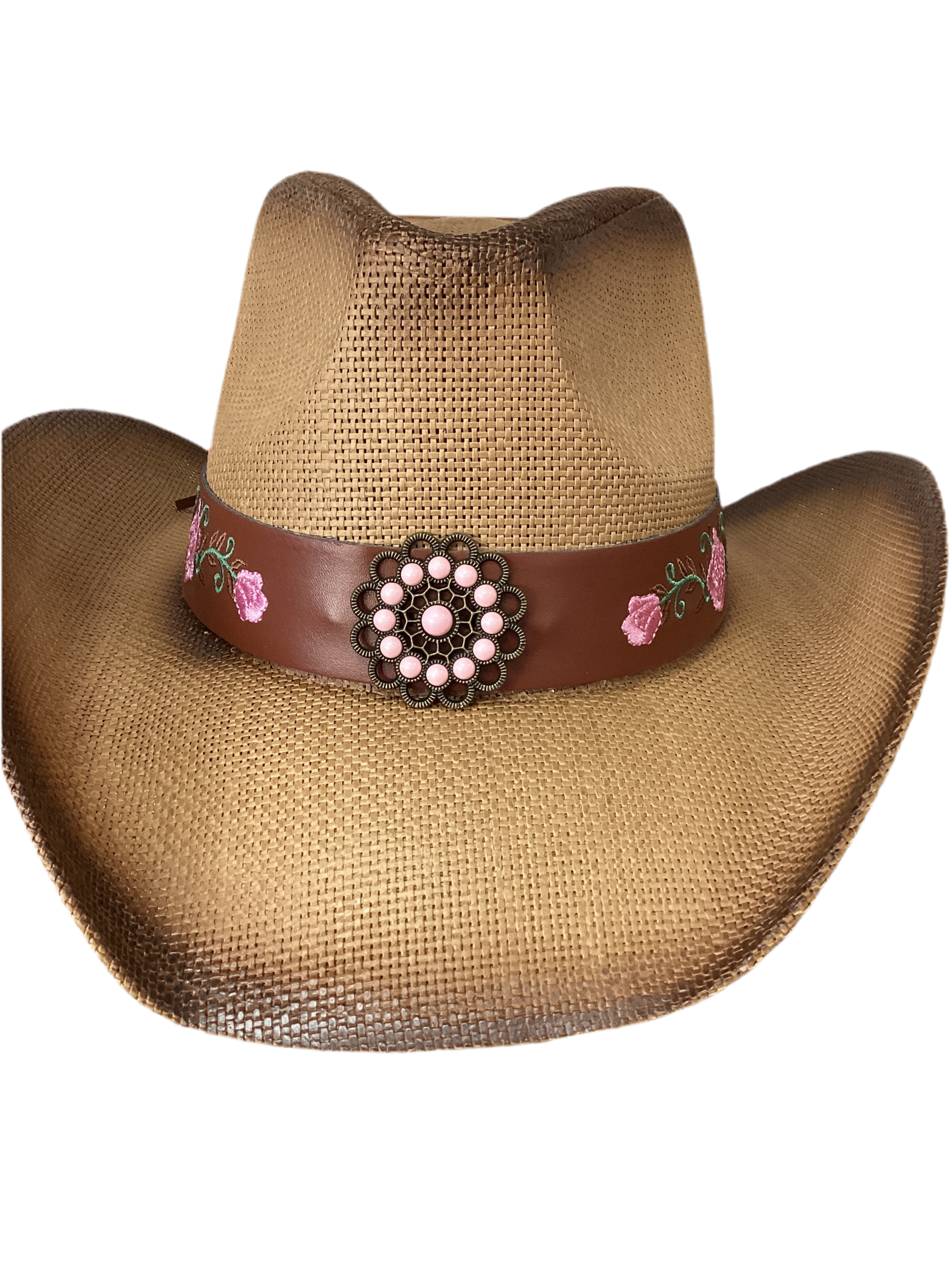 Western Straw Cowboy Hat With Pink Floral Band - Cowgirl Chic