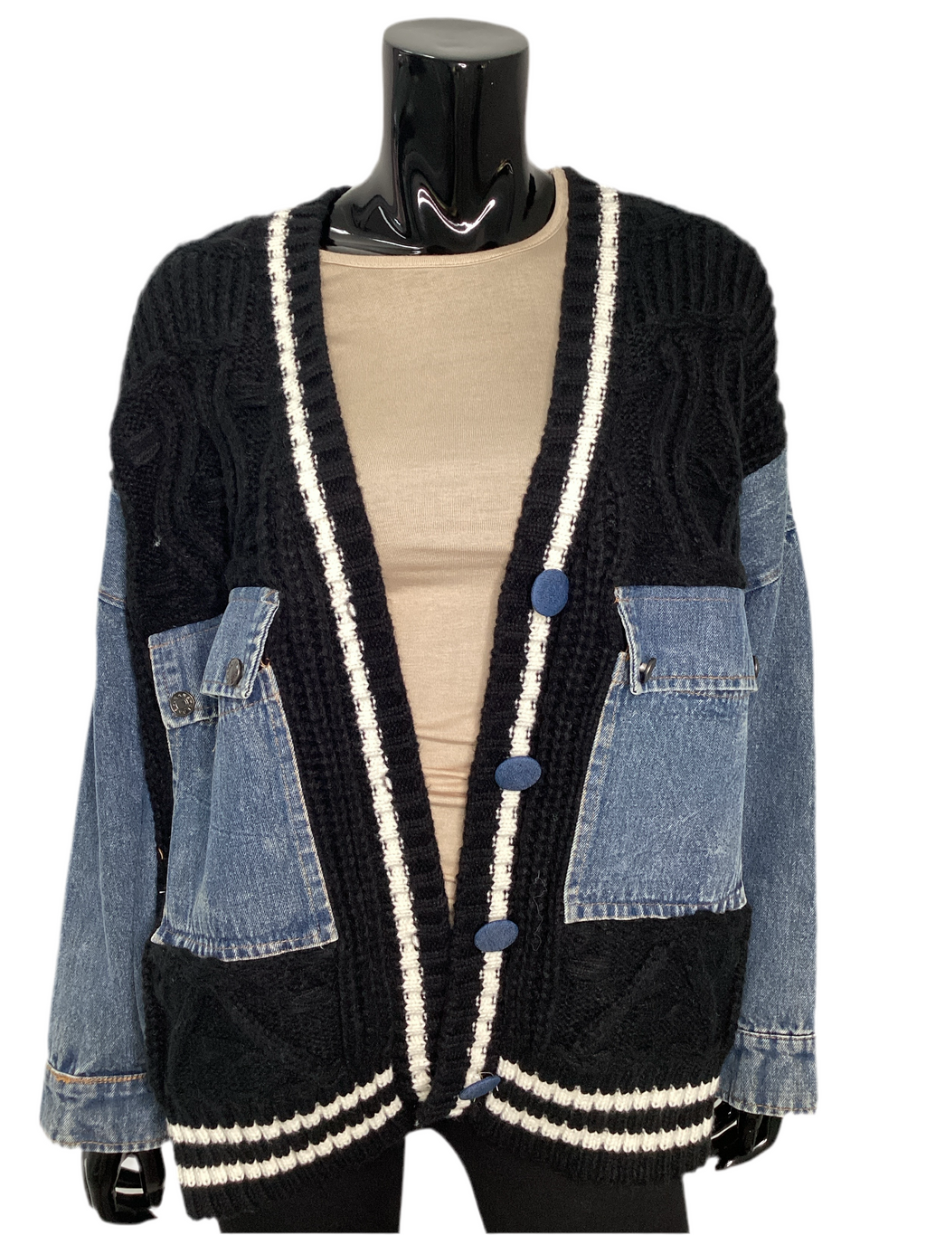 Denim Pocket 3 Button Cardigan Sweater