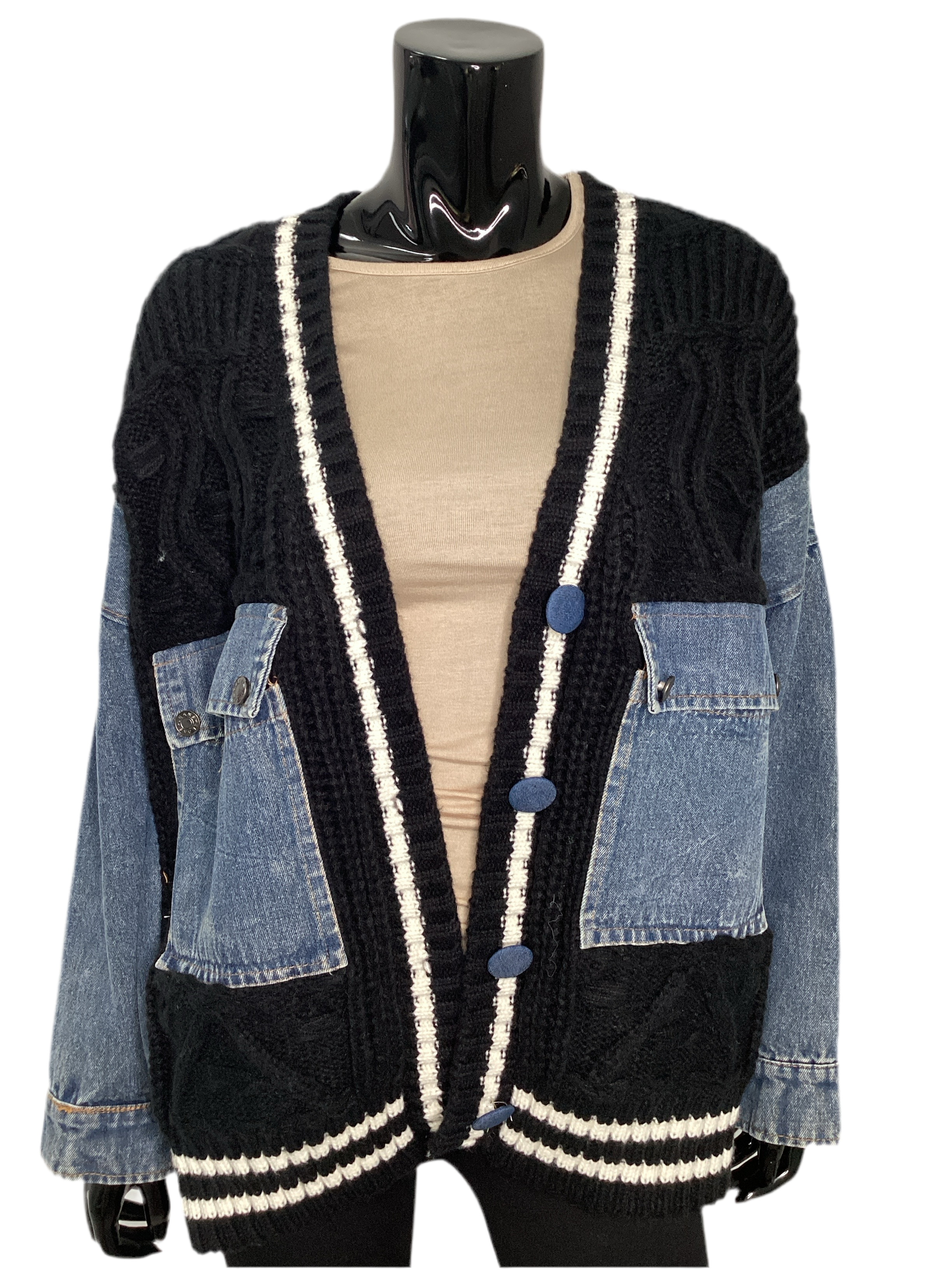 Denim Pocket 3 Button Cardigan Sweater