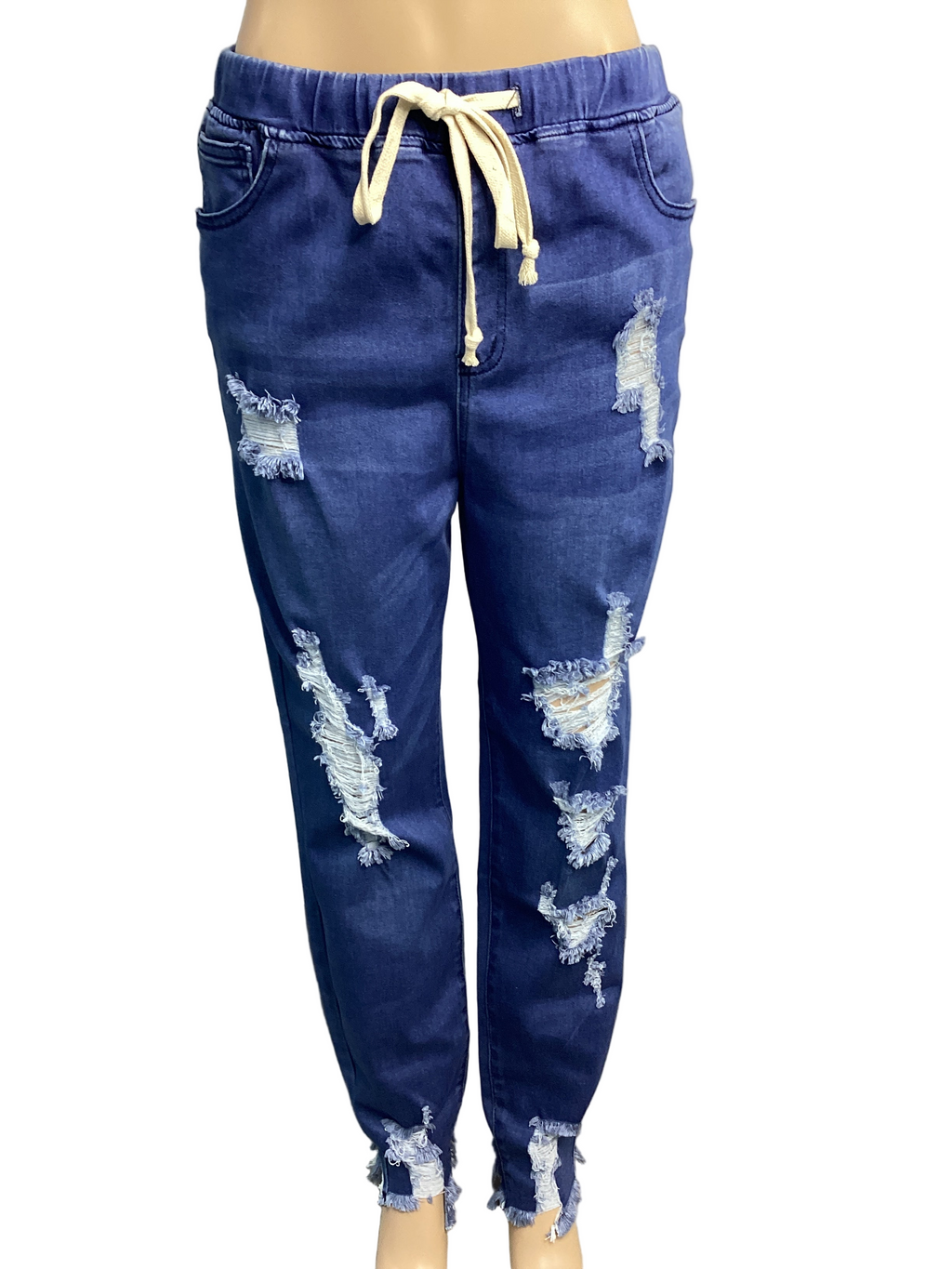 Curvy - High Wasted Distressed Denim Jogger