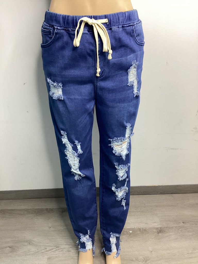Curvy - High Wasted Distressed Denim Jogger - Closet Space
