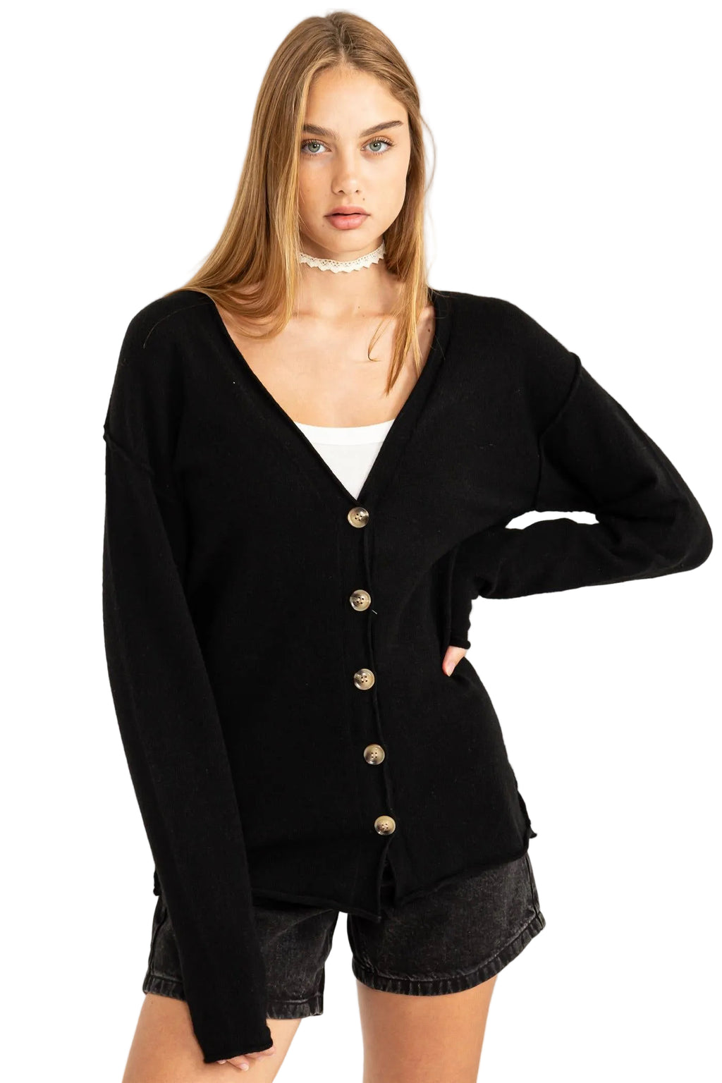 Long Sleeve Cardigan With Buttons - Closet Space