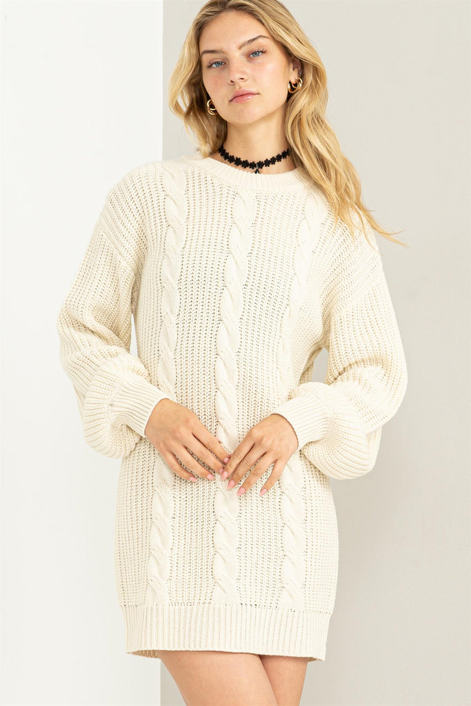 Cable-Knit RIbbed Mini Sweater Dress - Closet Space