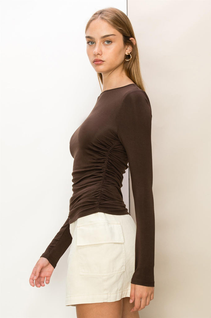 Fitted Long Sleeve Top With Side Ruching - Closet Space