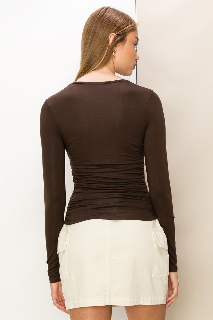 Fitted Long Sleeve Top With Side Ruching - Closet Space