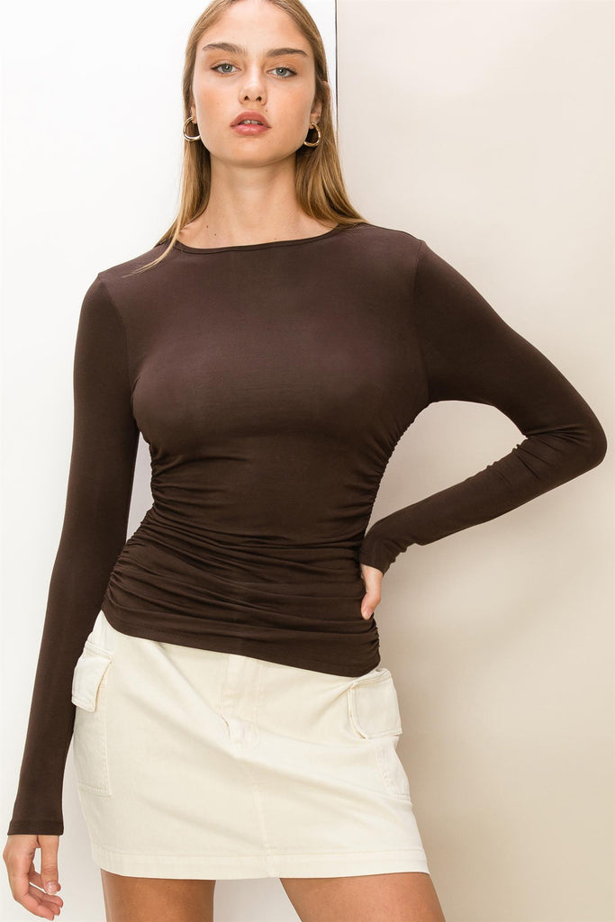 Fitted Long Sleeve Top With Side Ruching - Closet Space