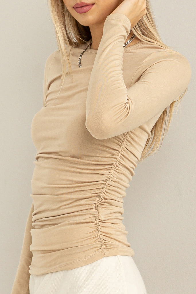 Fitted Long Sleeve Top With Side Ruching - Closet Space