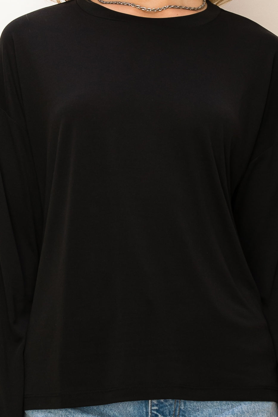 Solid Long Sleeve Drop Shoulder Crew Neck Top - Closet Space