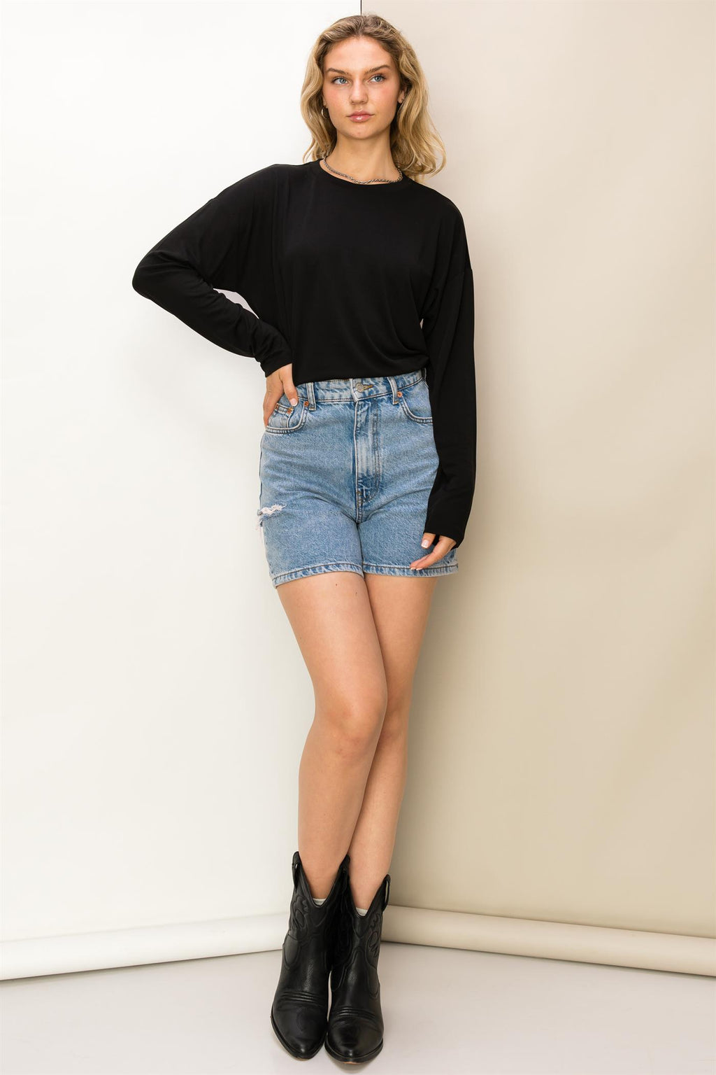 Solid Long Sleeve Drop Shoulder Crew Neck Top - Closet Space